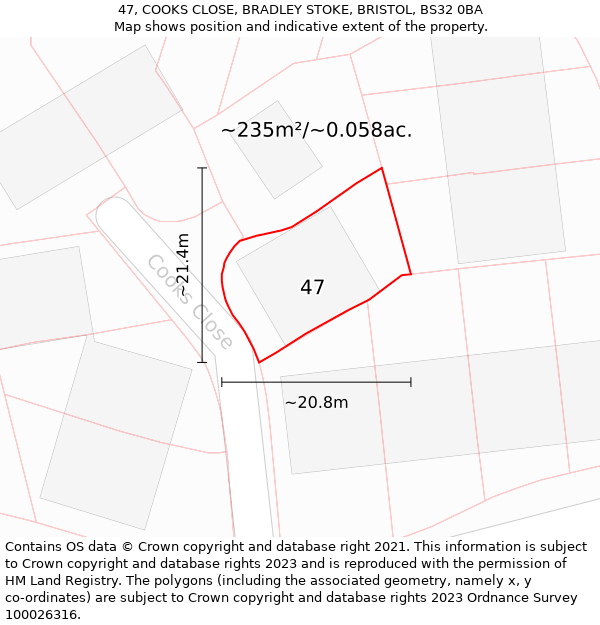 47, COOKS CLOSE, BRADLEY STOKE, BRISTOL, BS32 0BA: Plot and title map