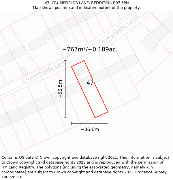 47, CRUMPFIELDS LANE, REDDITCH, B97 5PN: Plot and title map