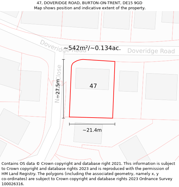 47, DOVERIDGE ROAD, BURTON-ON-TRENT, DE15 9GD: Plot and title map