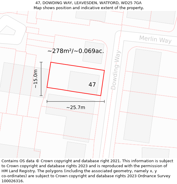 47, DOWDING WAY, LEAVESDEN, WATFORD, WD25 7GA: Plot and title map