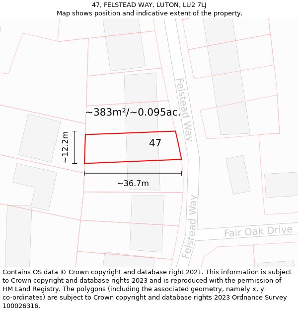 47, FELSTEAD WAY, LUTON, LU2 7LJ: Plot and title map