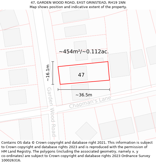 47, GARDEN WOOD ROAD, EAST GRINSTEAD, RH19 1NN: Plot and title map