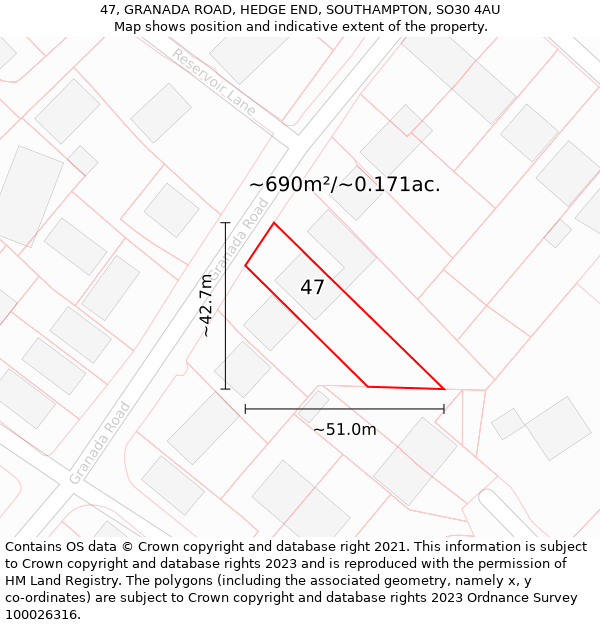 47, GRANADA ROAD, HEDGE END, SOUTHAMPTON, SO30 4AU: Plot and title map