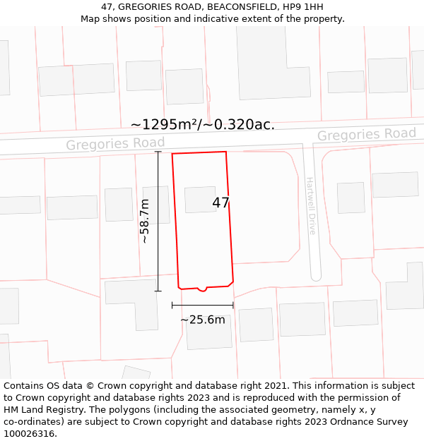 47, GREGORIES ROAD, BEACONSFIELD, HP9 1HH: Plot and title map