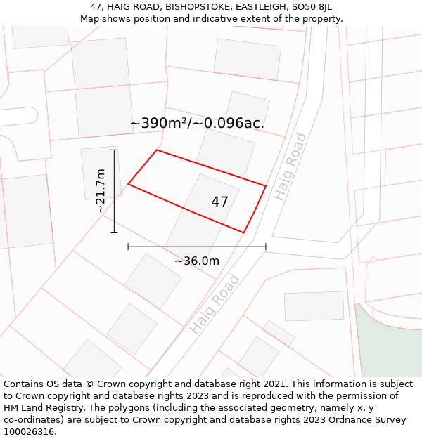 47, HAIG ROAD, BISHOPSTOKE, EASTLEIGH, SO50 8JL: Plot and title map