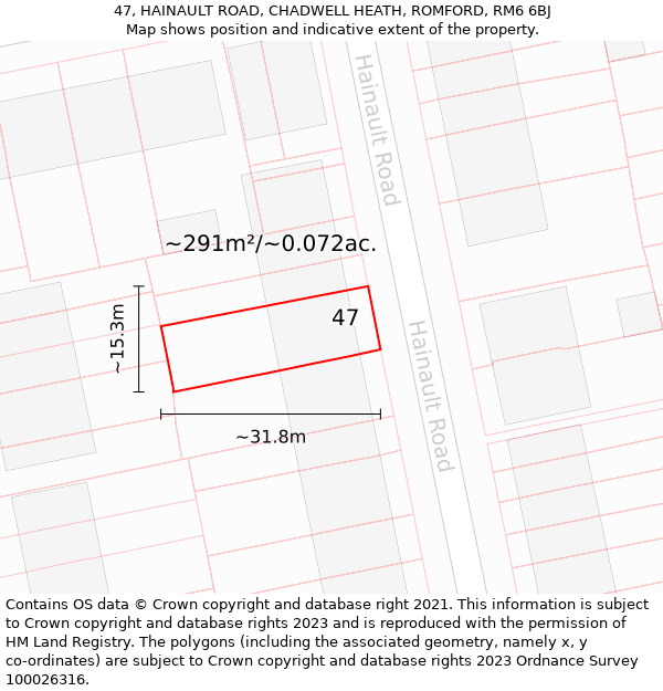 47, HAINAULT ROAD, CHADWELL HEATH, ROMFORD, RM6 6BJ: Plot and title map