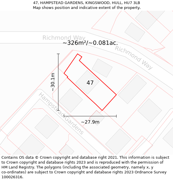 47, HAMPSTEAD GARDENS, KINGSWOOD, HULL, HU7 3LB: Plot and title map