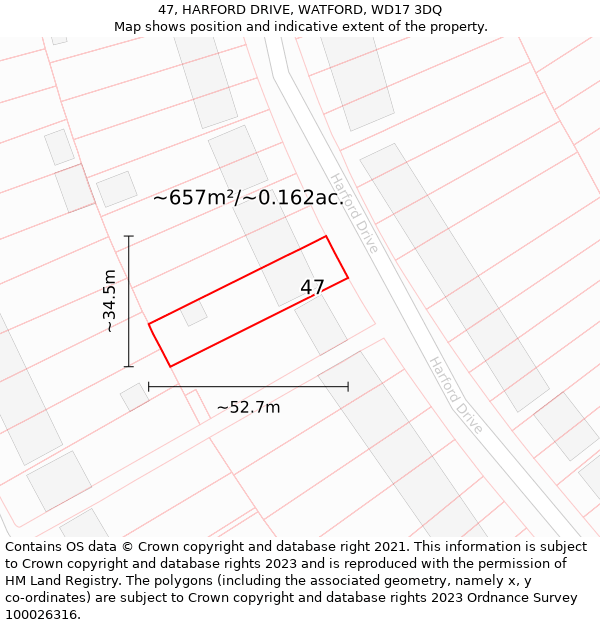 47, HARFORD DRIVE, WATFORD, WD17 3DQ: Plot and title map