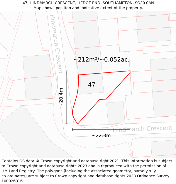 47, HINDMARCH CRESCENT, HEDGE END, SOUTHAMPTON, SO30 0AN: Plot and title map