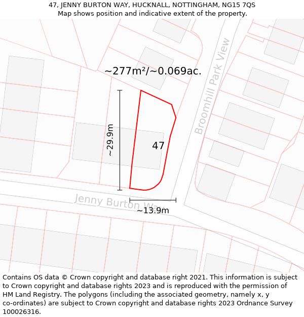 47, JENNY BURTON WAY, HUCKNALL, NOTTINGHAM, NG15 7QS: Plot and title map