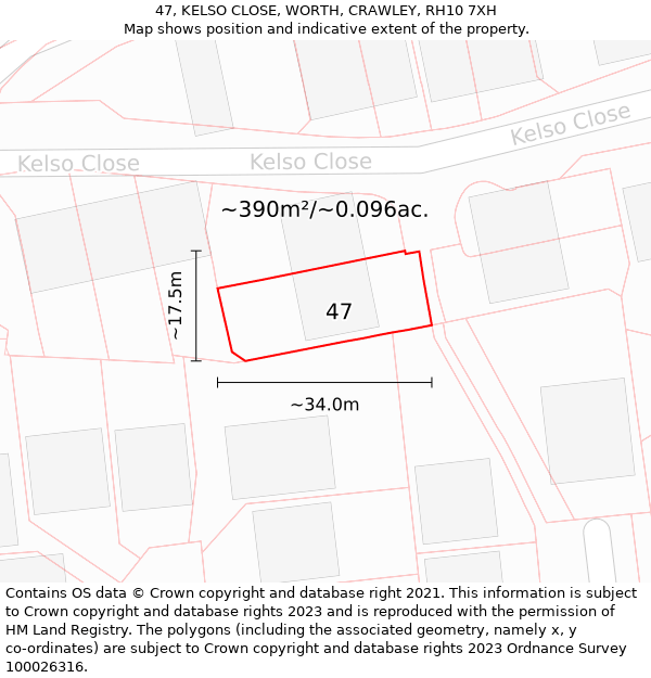 47, KELSO CLOSE, WORTH, CRAWLEY, RH10 7XH: Plot and title map