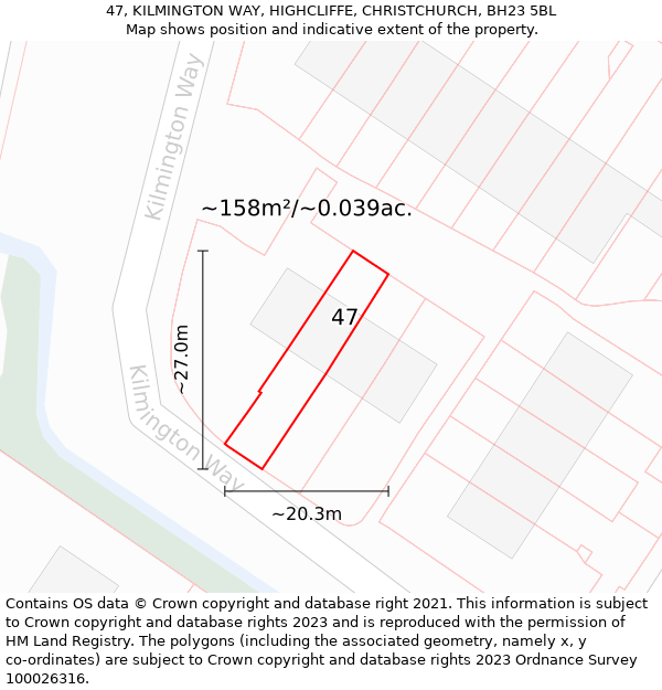 47, KILMINGTON WAY, HIGHCLIFFE, CHRISTCHURCH, BH23 5BL: Plot and title map