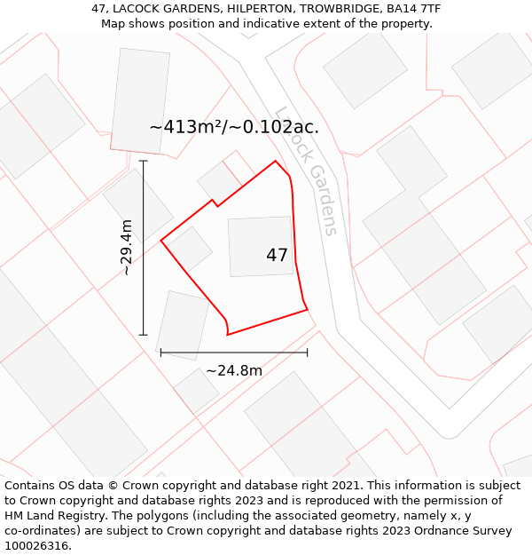 47, LACOCK GARDENS, HILPERTON, TROWBRIDGE, BA14 7TF: Plot and title map