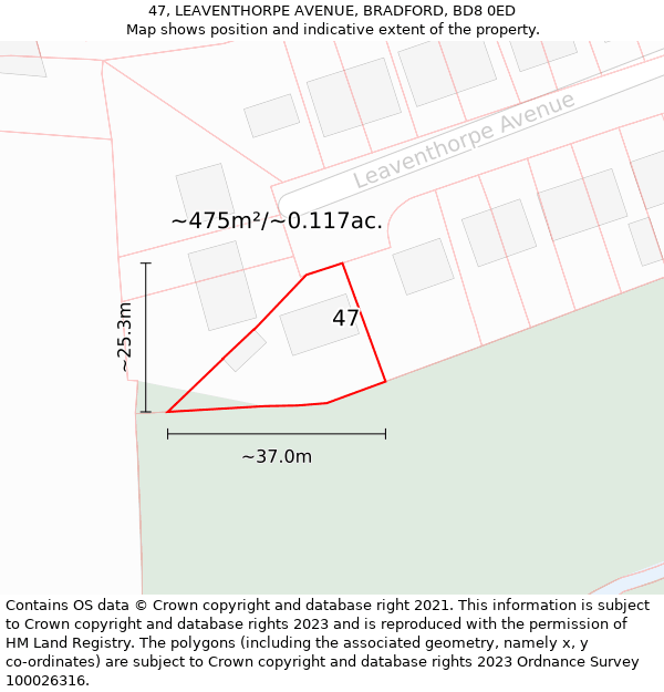 47, LEAVENTHORPE AVENUE, BRADFORD, BD8 0ED: Plot and title map