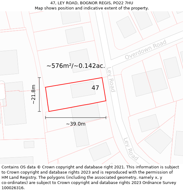 47, LEY ROAD, BOGNOR REGIS, PO22 7HU: Plot and title map