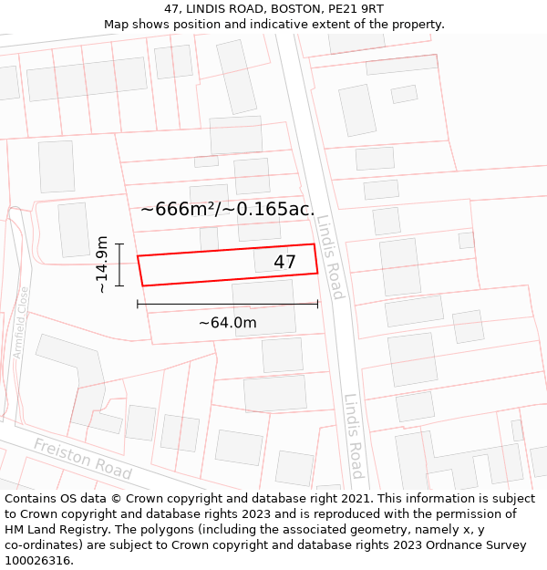 47, LINDIS ROAD, BOSTON, PE21 9RT: Plot and title map