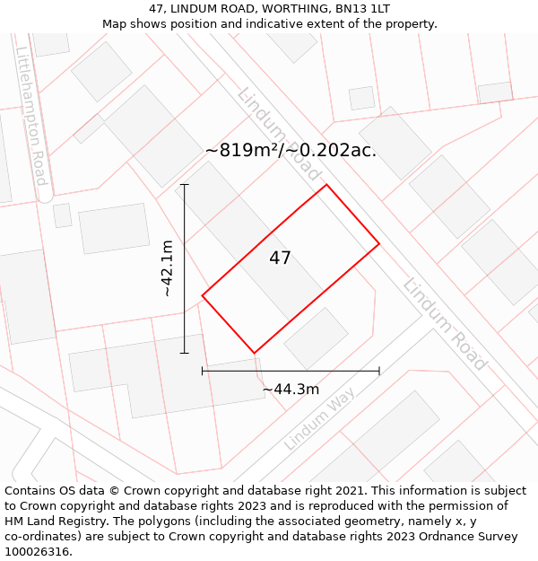 47, LINDUM ROAD, WORTHING, BN13 1LT: Plot and title map