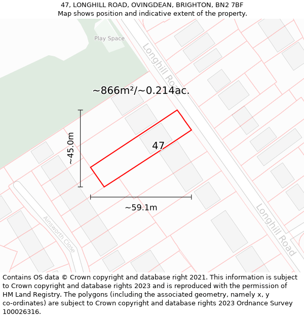 47, LONGHILL ROAD, OVINGDEAN, BRIGHTON, BN2 7BF: Plot and title map