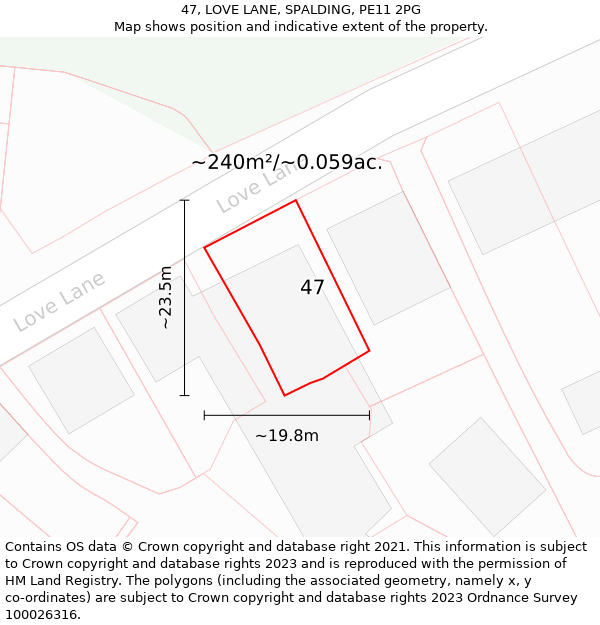 47, LOVE LANE, SPALDING, PE11 2PG: Plot and title map