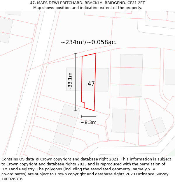 47, MAES DEWI PRITCHARD, BRACKLA, BRIDGEND, CF31 2ET: Plot and title map