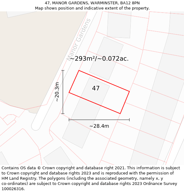 47, MANOR GARDENS, WARMINSTER, BA12 8PN: Plot and title map