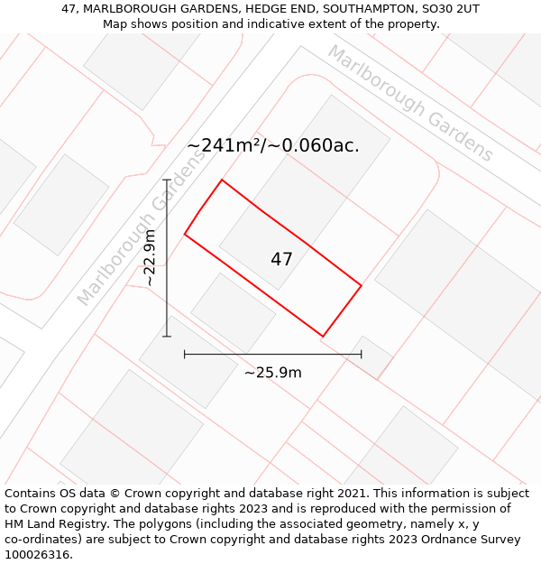 47, MARLBOROUGH GARDENS, HEDGE END, SOUTHAMPTON, SO30 2UT: Plot and title map