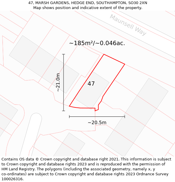 47, MARSH GARDENS, HEDGE END, SOUTHAMPTON, SO30 2XN: Plot and title map