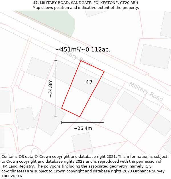 47, MILITARY ROAD, SANDGATE, FOLKESTONE, CT20 3BH: Plot and title map