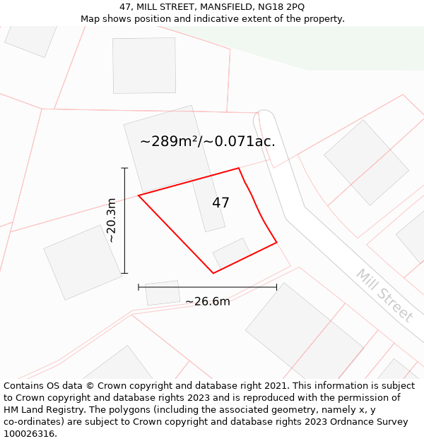 47, MILL STREET, MANSFIELD, NG18 2PQ: Plot and title map