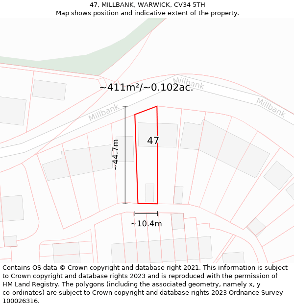 47, MILLBANK, WARWICK, CV34 5TH: Plot and title map