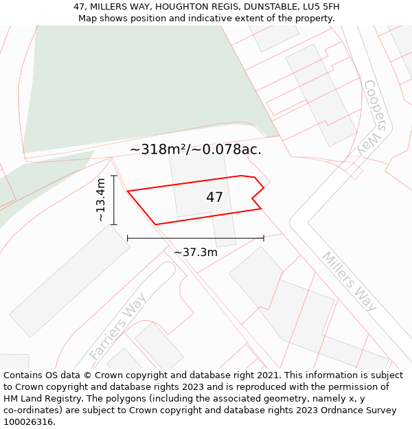 47, MILLERS WAY, HOUGHTON REGIS, DUNSTABLE, LU5 5FH: Plot and title map