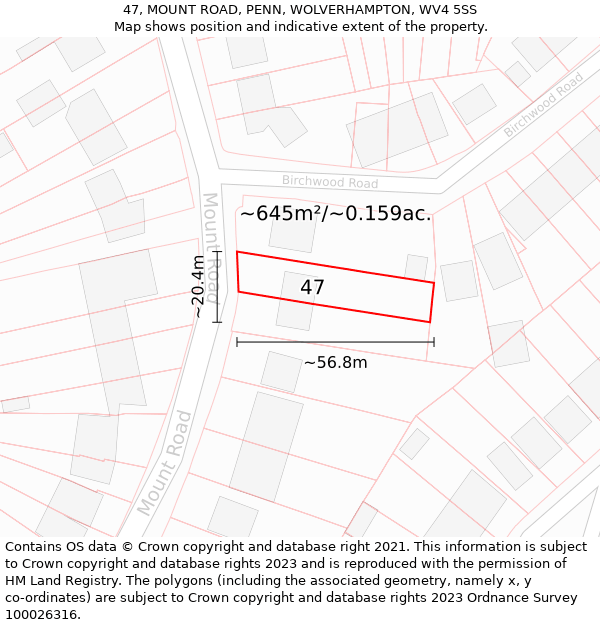 47, MOUNT ROAD, PENN, WOLVERHAMPTON, WV4 5SS: Plot and title map