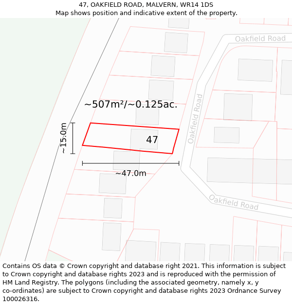 47, OAKFIELD ROAD, MALVERN, WR14 1DS: Plot and title map