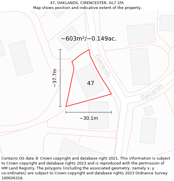 47, OAKLANDS, CIRENCESTER, GL7 1FA: Plot and title map