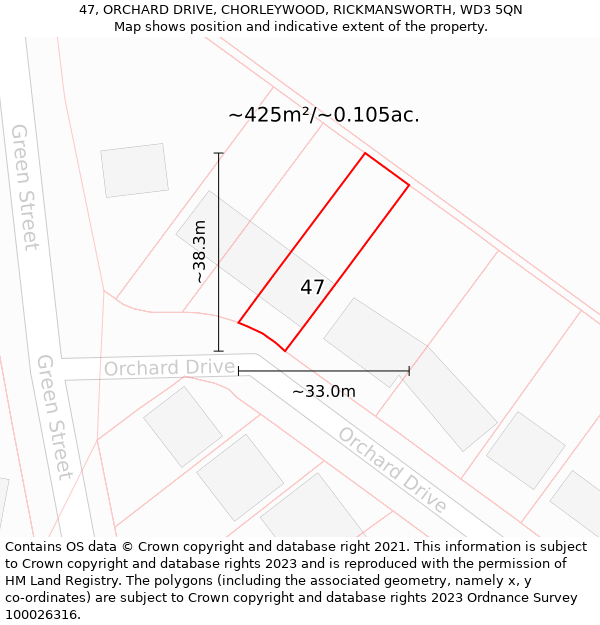 47, ORCHARD DRIVE, CHORLEYWOOD, RICKMANSWORTH, WD3 5QN: Plot and title map