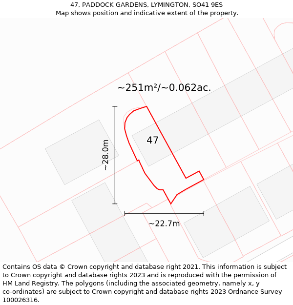 47, PADDOCK GARDENS, LYMINGTON, SO41 9ES: Plot and title map