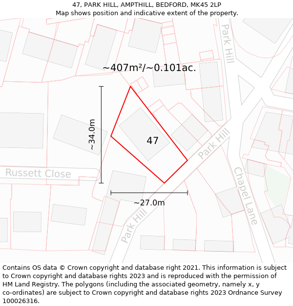 47, PARK HILL, AMPTHILL, BEDFORD, MK45 2LP: Plot and title map