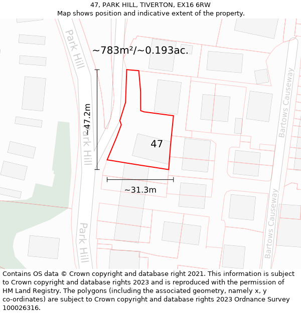 47, PARK HILL, TIVERTON, EX16 6RW: Plot and title map