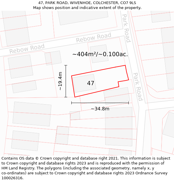 47, PARK ROAD, WIVENHOE, COLCHESTER, CO7 9LS: Plot and title map