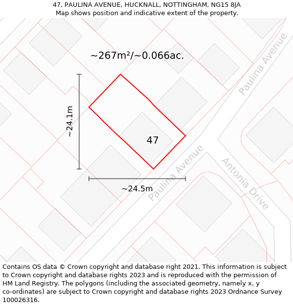 47, PAULINA AVENUE, HUCKNALL, NOTTINGHAM, NG15 8JA: Plot and title map