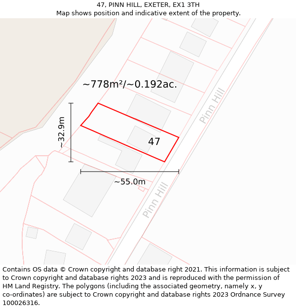 47, PINN HILL, EXETER, EX1 3TH: Plot and title map