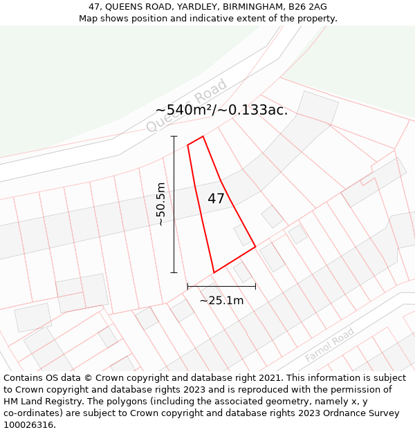 47, QUEENS ROAD, YARDLEY, BIRMINGHAM, B26 2AG: Plot and title map