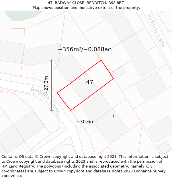 47, RADWAY CLOSE, REDDITCH, B98 8RZ: Plot and title map