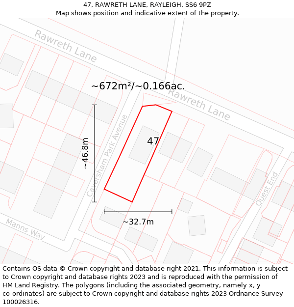 47, RAWRETH LANE, RAYLEIGH, SS6 9PZ: Plot and title map