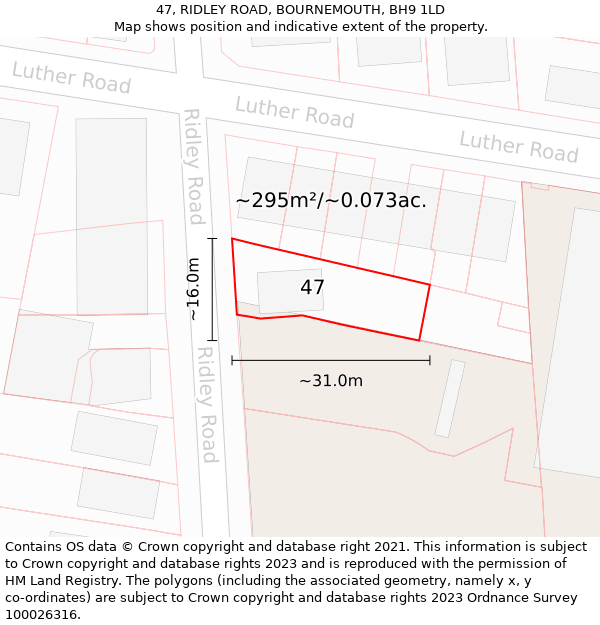 47, RIDLEY ROAD, BOURNEMOUTH, BH9 1LD: Plot and title map