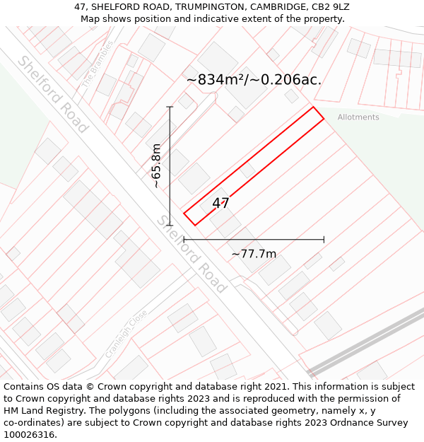 47, SHELFORD ROAD, TRUMPINGTON, CAMBRIDGE, CB2 9LZ: Plot and title map