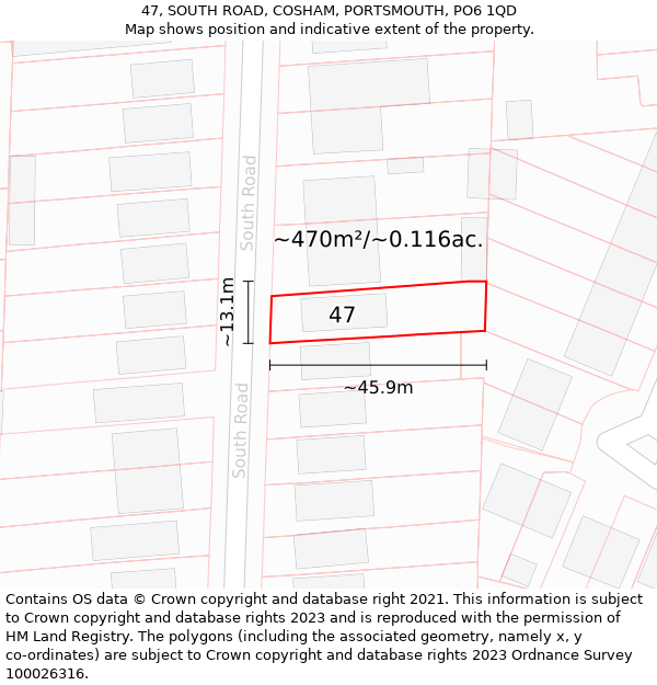 47, SOUTH ROAD, COSHAM, PORTSMOUTH, PO6 1QD: Plot and title map