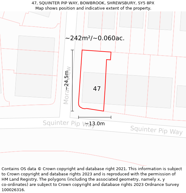 47, SQUINTER PIP WAY, BOWBROOK, SHREWSBURY, SY5 8PX: Plot and title map