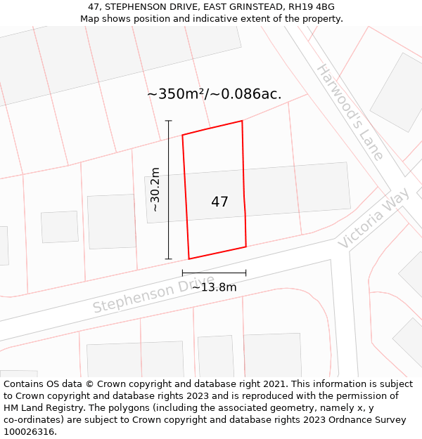 47, STEPHENSON DRIVE, EAST GRINSTEAD, RH19 4BG: Plot and title map