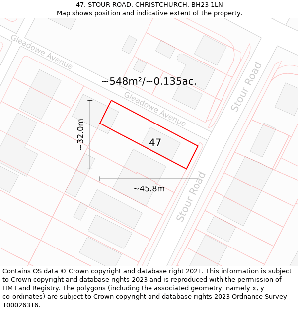 47, STOUR ROAD, CHRISTCHURCH, BH23 1LN: Plot and title map